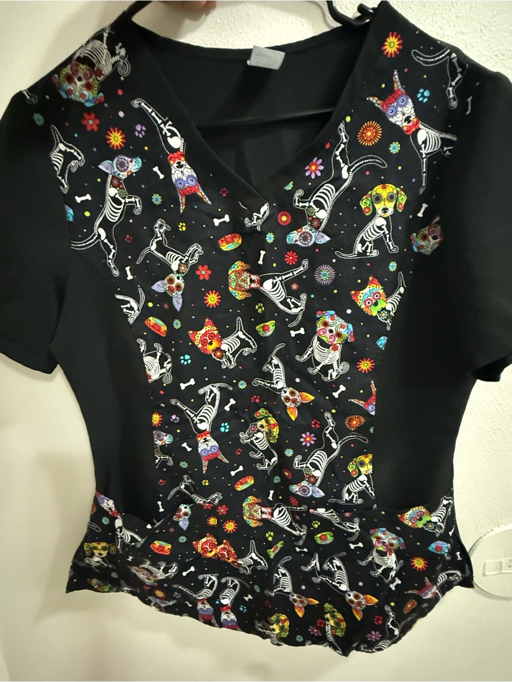 Black Women's V-Neck Top with Colorful Day-of-the-Dead Dog Print